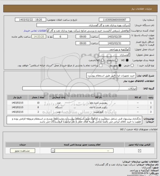 استعلام خرید تجهیزات ابزاردقیق طبق استعلام پیوست