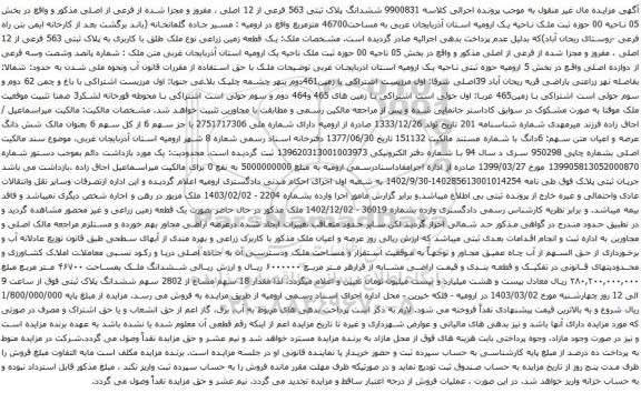 آگهی مزایده ششدانگ پلاک ثبتی 563 فرعی از 12 اصلی ، مفروز و مجزا شده از فرعی از اصلی مذکور 