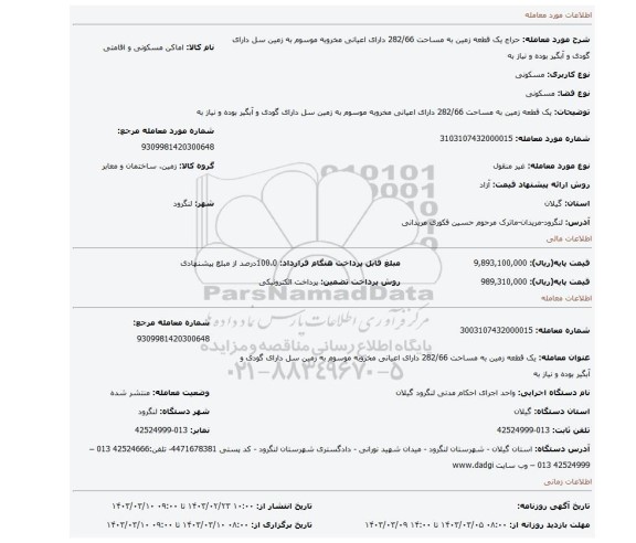 یک قطعه زمین به مساحت 282/66 دارای اعیانی مخروبه موسوم به زمین سل دارای گودی و آبگیر بوده و نیاز به