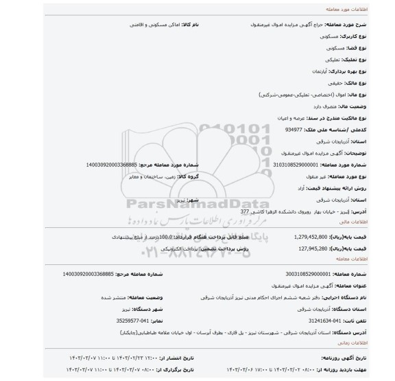 آگهـی مـزایده امـوال غیرمنقـول