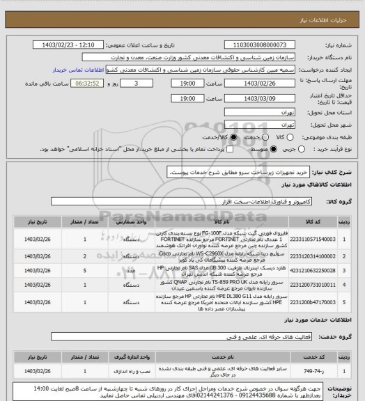 استعلام خرید تجھیزات زیرساخت سرو مطابق شرح خدمات پیوست.