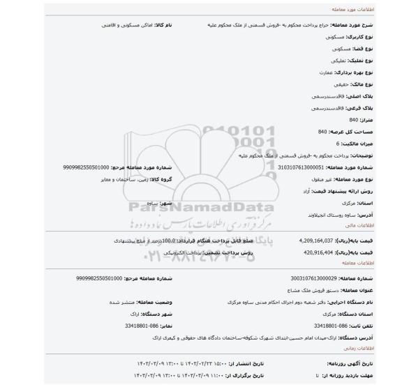 پرداخت محکوم به -فروش قسمتی از ملک محکوم علیه