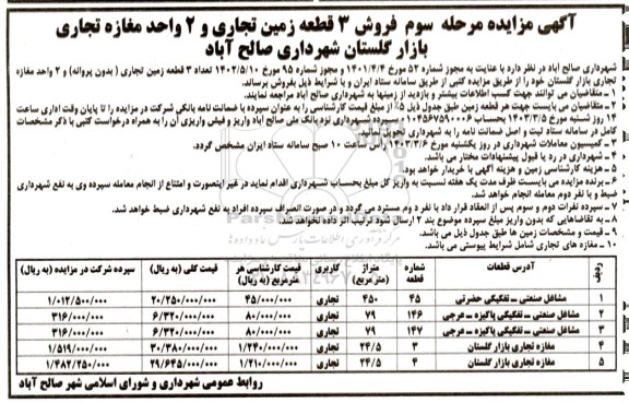 مزایده فروش 3 قطعه زمین تجاری و 2 واحد مغازه تجاری مرحله سوم