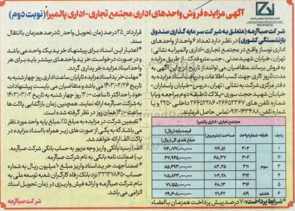 مزایده فروش واحدهای اداری مجتمع تجاری- اداری - نوبت دوم