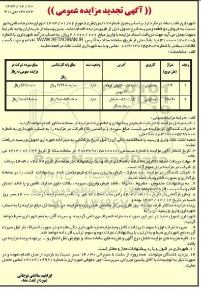 مزایده فروش دو قطعه زمین با کاربری مسکونی تجدید