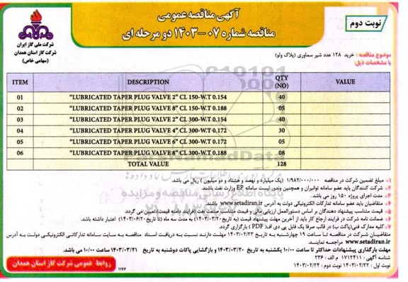 مناقصه خرید 128 عدد شیر سماوری (پلاک ولو) - نوبت دوم 
