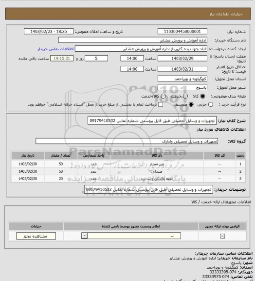 استعلام تجهیزات و وسایل تحصیلی طبق فایل پیوستی شماره تماس 09179410532