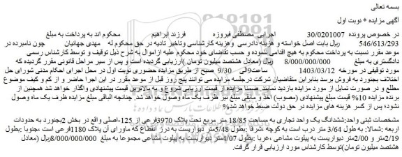 مزایده فروش ششدانگ یک واحد تجاری به مساحت 18/85 متر مربع تحت پلاک 3970فرعی از 125-اصلی