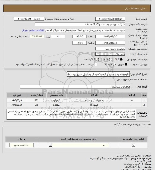 استعلام هیدروکسید پتاسیم و هیدروکسید لیتیوم(طبق شرح پیوست)