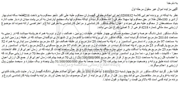 مزایده فروش شش دانگ عرصه واعیان مجتمع مسکونی چهار طبقه