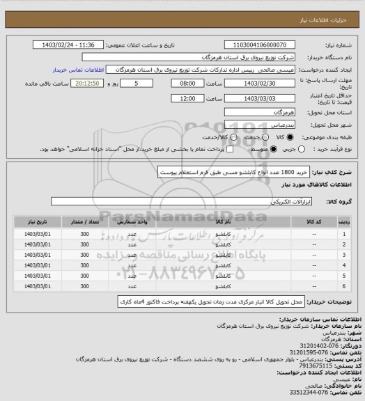 استعلام خرید 1800 عدد انواع کابلشو مسی طبق فرم استعلام پیوست