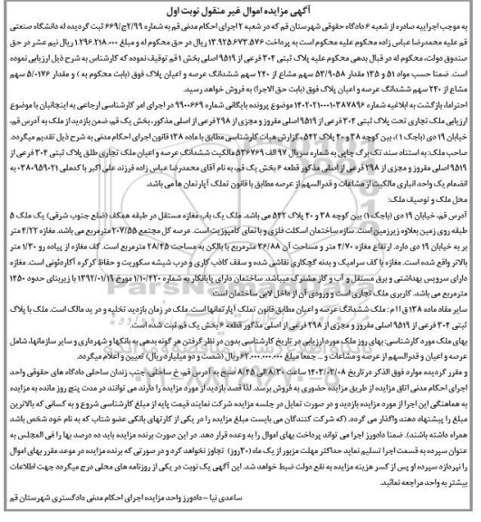 مزایده پلاک ثبتی 304 فرعی از 9519 اصلی بخش 1 قم