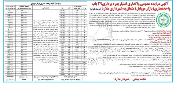 مزایده عمومی واگذاری امتیاز بهره برداری 39 باب واحد تجاری (بازار موبایل) - نوبت دوم