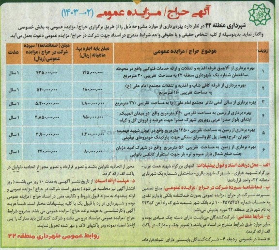 مزایده بهره برداری از آلاچیق غرفه اغذیه و تنقلات و ارائه خدمات فتوکپی...