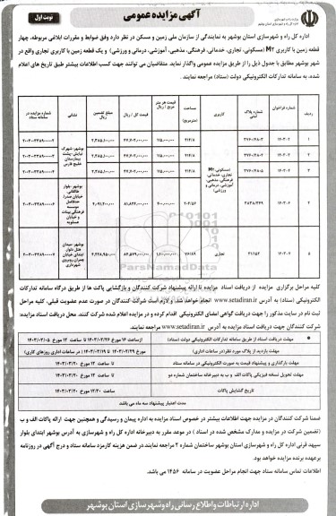 مزایده واگذاری چهار قطعه زمین با کاربری M2 ...