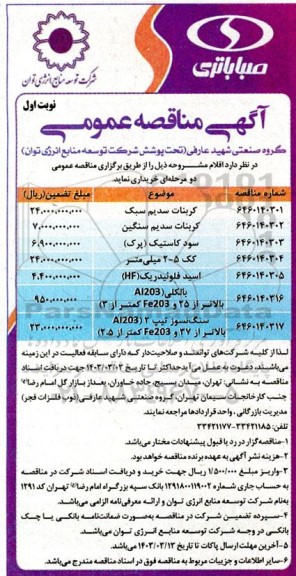 مناقصه خرید کربنات سدیم سبک و ...