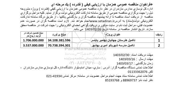 فراخوان مناقصه تکمیل هنرستان جهانیان و...
