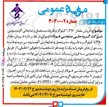 مزایده فروش مقدار 1.370 کیلوگرم ظروف مستعمل و ضایعاتی آلومینیومی