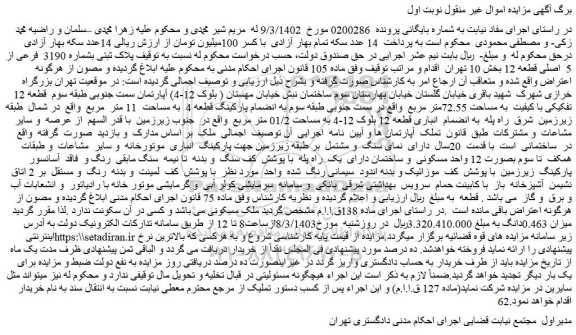 مزایده فروش پلاک ثبتی بشماره 3190 فرعی از 5 اصلی قطعه 12