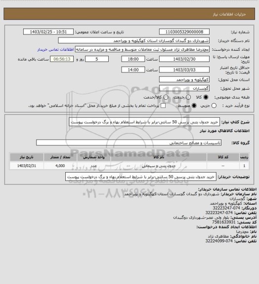 استعلام خرید جدول بتنی پرسی 50 سانتی-برابر با شرایط استعلام بهاء و برگ درخولست پیوست
