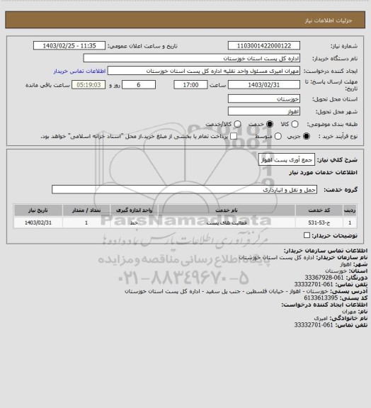 استعلام جمع آوری پست اهواز