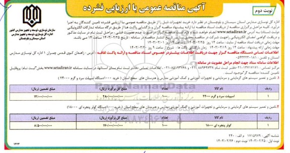 مناقصه خرید اسپیلت سرد و گرم 24000 و کولر پنجره ای 18000 نوبت دوم 