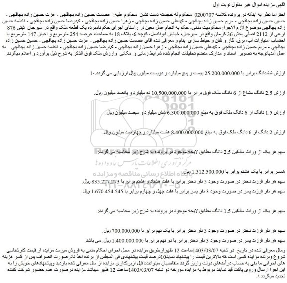 مزایده پلاک ثبتی 876 فرعی از 2112 اصلی بخش 36 کرمان