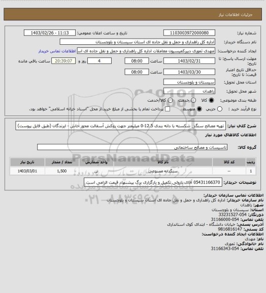 استعلام تهیه مصالح سنگی شکسته با دانه بندی 12.5-0 میلیمتر جهت روکش آسفالت محور خاش - ایرندگان (طبق فایل پیوست)