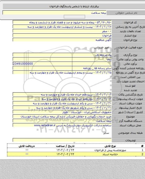 مناقصه, خرید خدمات نگهبانی و حفاظت فیزیکی اداره کل بیمه سلامت استان خوزستان