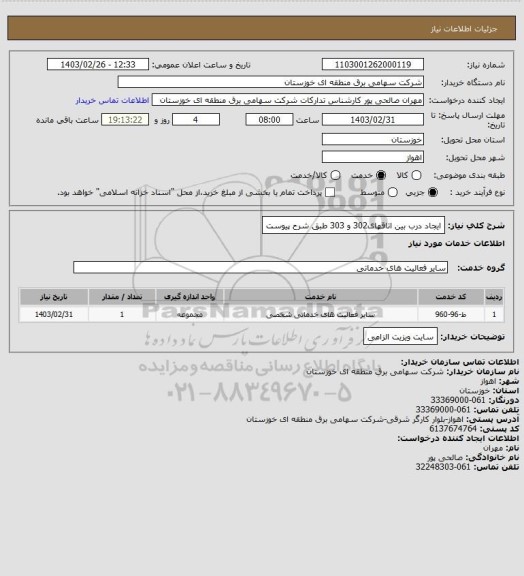استعلام ایجاد درب بین اتاقهای302 و 303 طبق شرح پیوست