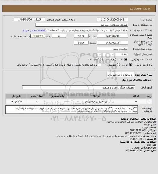 استعلام خرید لوازم واحد فیبر نوری