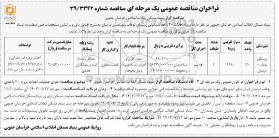 فراخوان مناقصه عمومی  پروژه احداث 20  واحد مسکونی روستای نوغاب