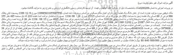 مزایده فروش شش دانگ یک قطعه زمین دارای اعیان ملک مسکونی