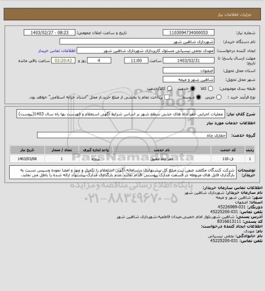 استعلام عملیات اجرایی حفر چاه های جذبی سطح شهر بر اساس شرایط آگهی استعلام و فهرست بها راه سال 1403(پیوست)