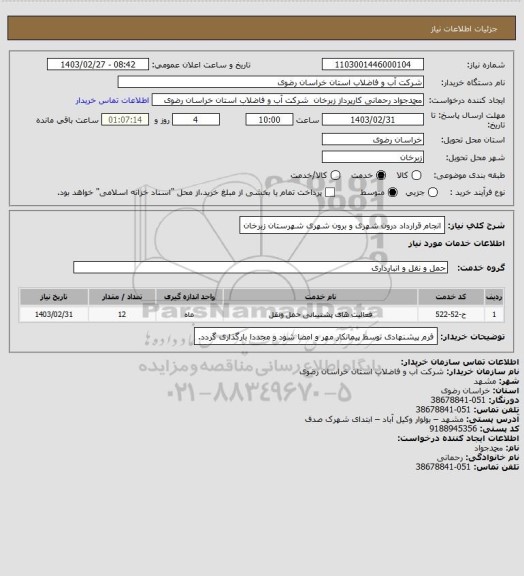 استعلام انجام قرارداد درون شهری و برون شهری شهرستان زبرخان