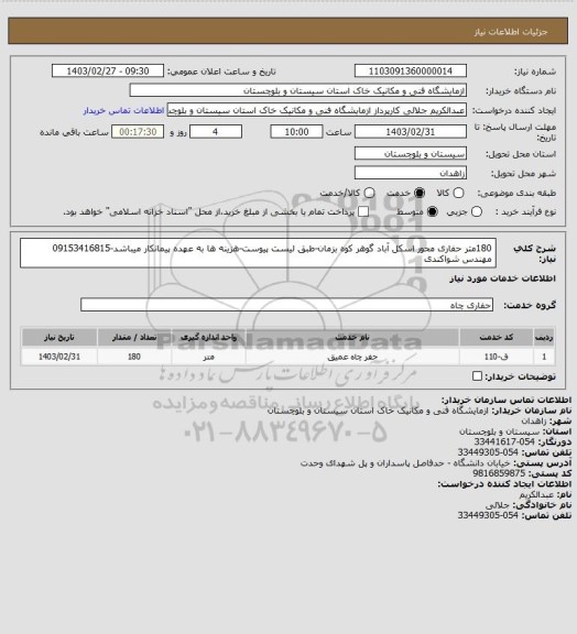استعلام 180متر حفاری محور اسکل آباد گوهر کوه بزمان-طبق لیست پیوست-هزینه ها به عهده پیمانکار میباشد-09153416815 مهندس شواکندی