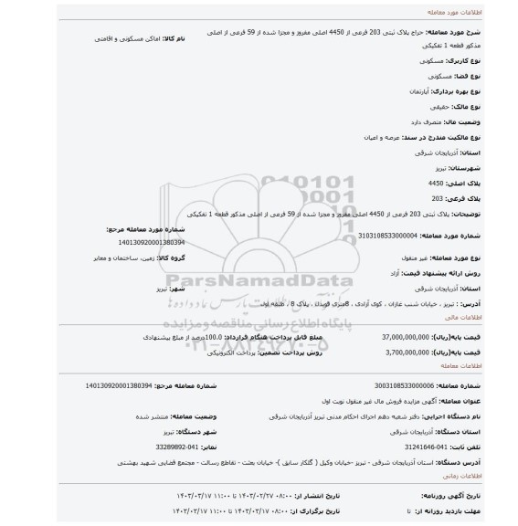 پلاک ثبتی 203 فرعی از 4450 اصلی مفروز و مجزا شده از 59 فرعی از اصلی مذکور قطعه 1 تفکیکی