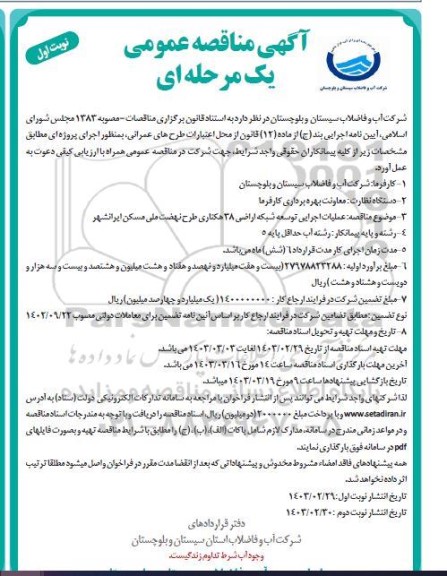 مناقصه عملیات اجرایی توسعه شبکه اراضی ۳۸ هکتاری طرح نهضت ملی مسکن ایرانشهر