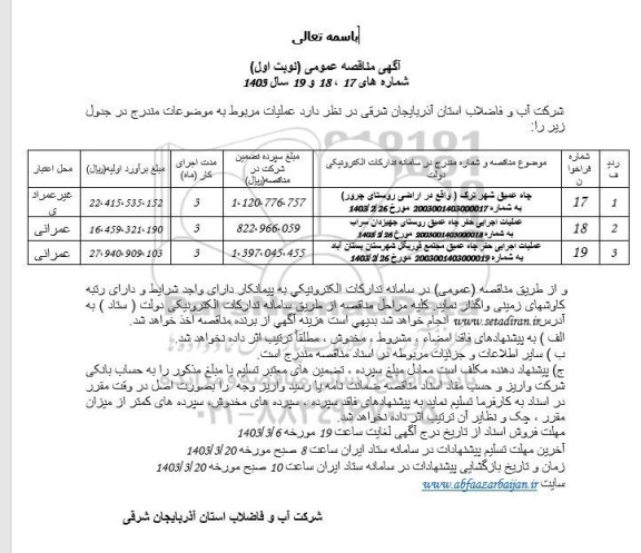 مناقصه عملیات اجرایی حفر چاه عمیق 