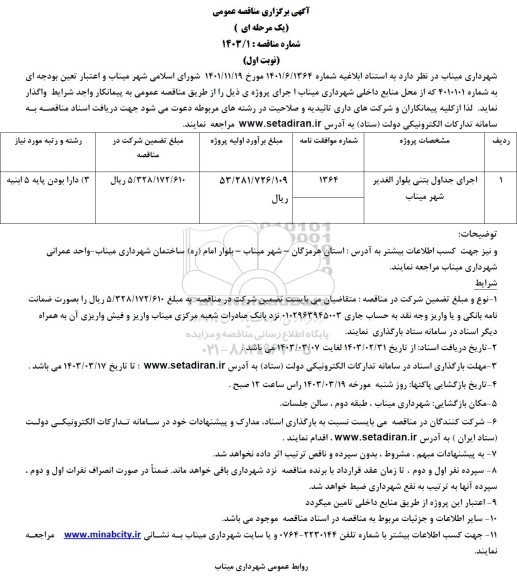 مناقصه اجرای جداول بتنی بلوار الغدیر 