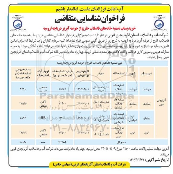 مناقصه ومزایده فراخوان شناسایی متقاضی خرید پساب تصفیه خانه های فاضلاب