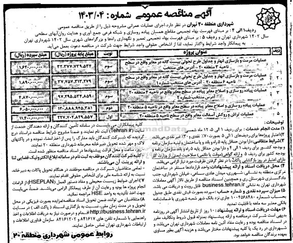 مناقصه عملیات مرمت و بازسازی انهار و جداول طرح تحولی بیست گانه در معابر...