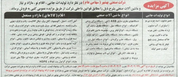 مزایده تولیدات جانبی، اقلام نو، مازاد بر نیاز و ماشین آلات صنعتی 