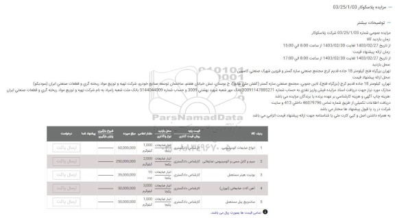 مزایده انواع ضایعات آلومینیومی ..
