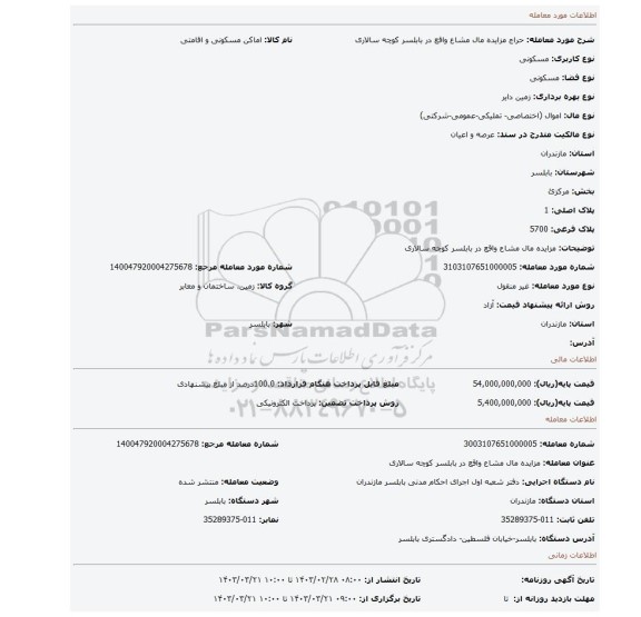 مزایده  مال مشاع  واقع در بابلسر کوچه سالاری