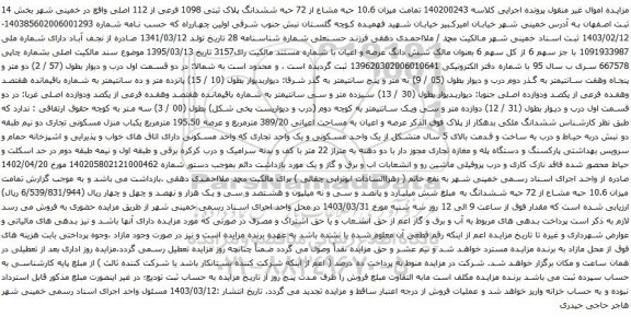 آگهی مزایده میزان 10.6 حبه مشاع از 72 حبه ششدانگ پلاک ثبتی 1098 فرعی از 112 اصلی