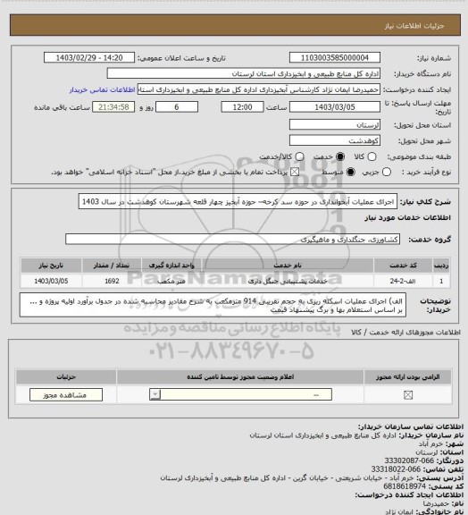 استعلام اجرای عملیات آبخوانداری در حوزه سد کرخه– حوزه آبخیز چهار قلعه شهرستان کوهدشت  در سال 1403