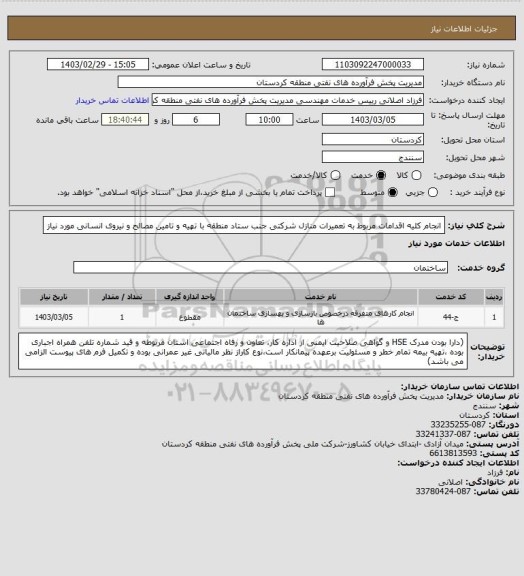 استعلام انجام کلیه اقدامات مربوط به تعمیرات منازل شرکتی جنب ستاد منطقه با تهیه و تامین مصالح و نیروی انسانی مورد نیاز