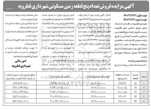 مزایده فروش تعداد پنج قطعه زمین مسکونی - نوبت دوم