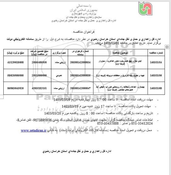 مناقصه ایمن سازی پیچ خسروجرد و ... 